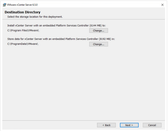 Choose the directory to install vCenter services