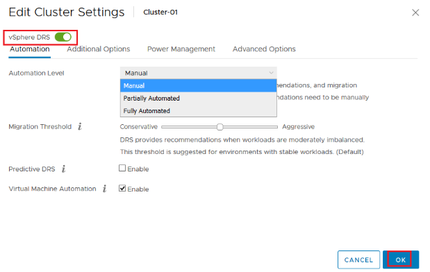 vSphere DRS check boxes
