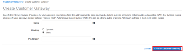 IP Address and click Create Customer Gateway